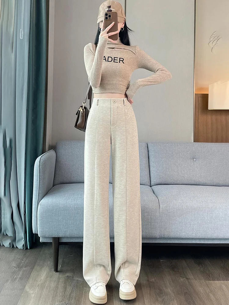 

Женские прямые брюки с широкими штанинами, утепленные, с высокой талией, повседневные, универсальные, стройнящие, осенне-зимние