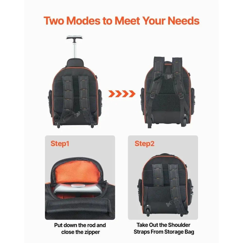Heavy Duty Rolling Tool Backpack 45 Pocket Tool Bag on Wheels Portable Tool Organizer