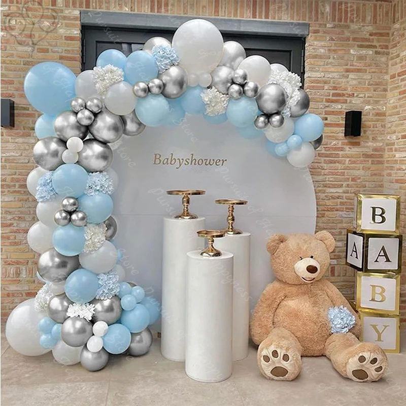 111pcs Blue Balloon Arch Kit White Silver Balloon Garland Arch for Baby Shower Decor Baptism Wedding Kids Birthday Party Supply