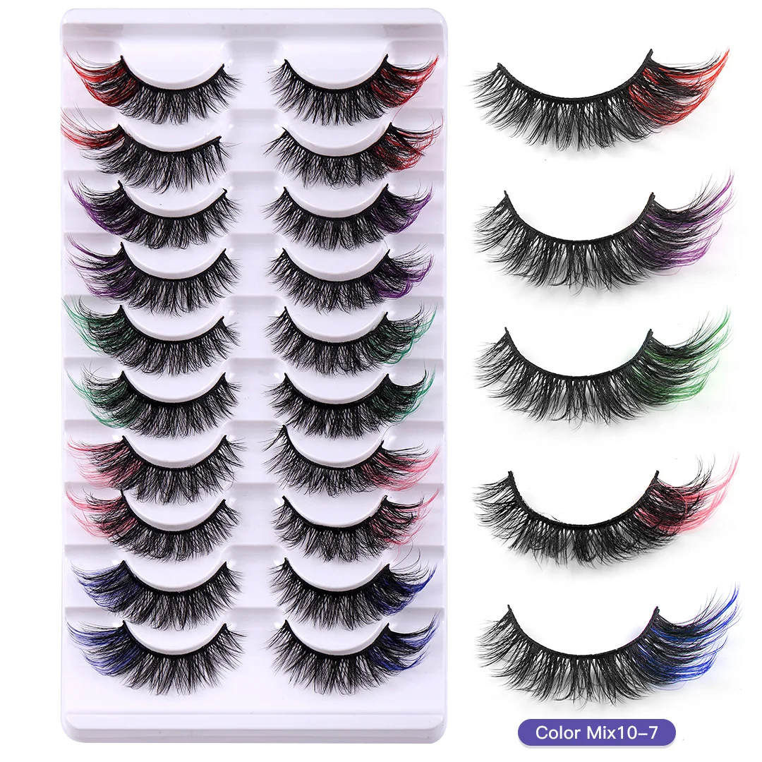 Faux Mink Colored Eyelashes, Fluffy Lashes, 3D Wispy Lashes, Colorful False Eyelashes with Color On End, 5 Colors, 10 Pair