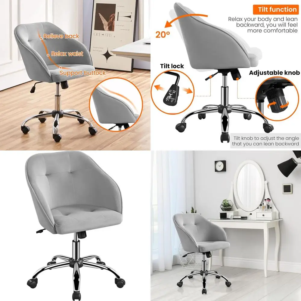 

Cozy Swivel Vanity Chair on Wheels - Adjustable Height, Upholstered Accent Armchair for Computer Desk or Bedroom, Light Gray