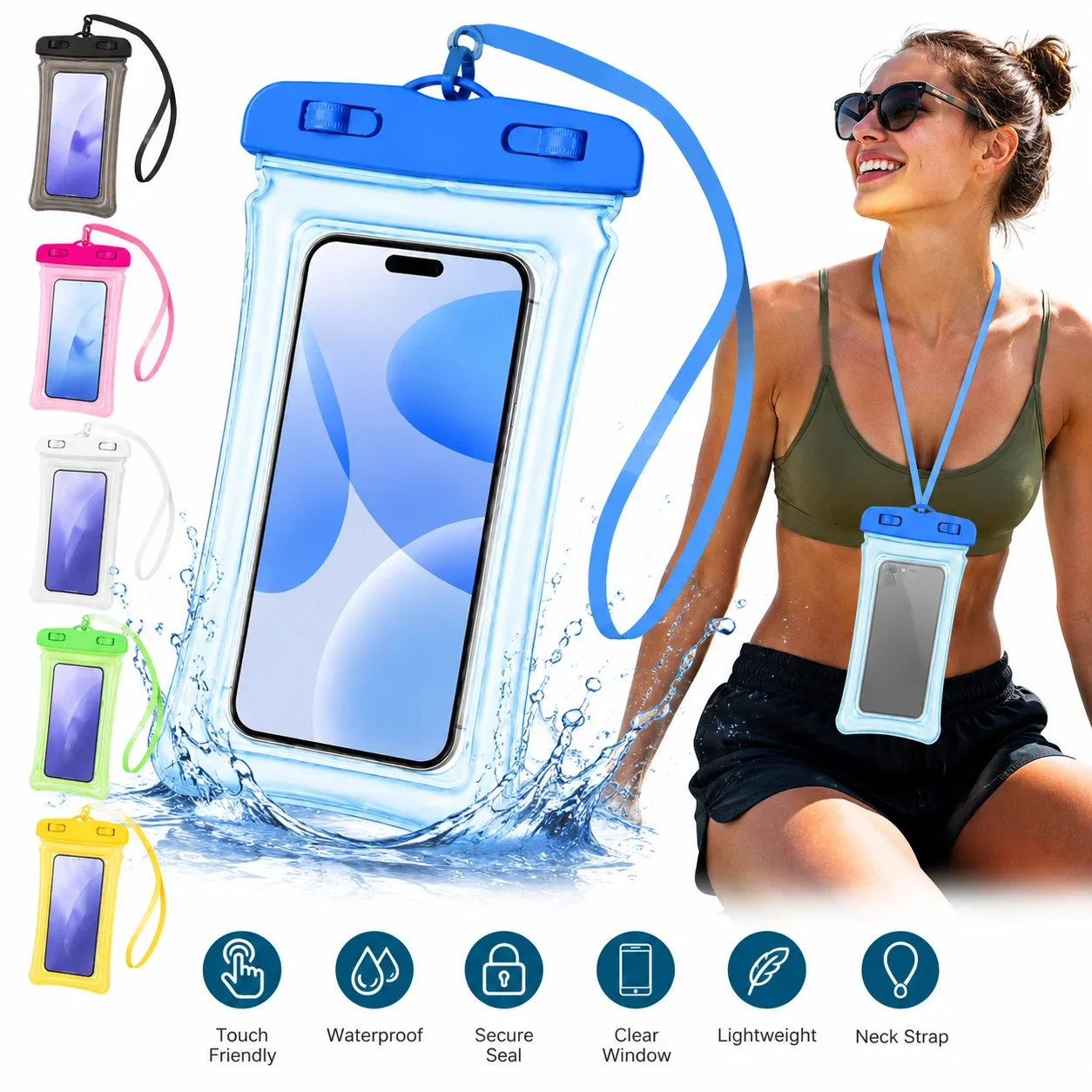 Waterproof Phone Pouch with Clear Touch Screen Window PVC Neck Strap for Swimming Diving Beach Outdoor Water Sports Storage Bag