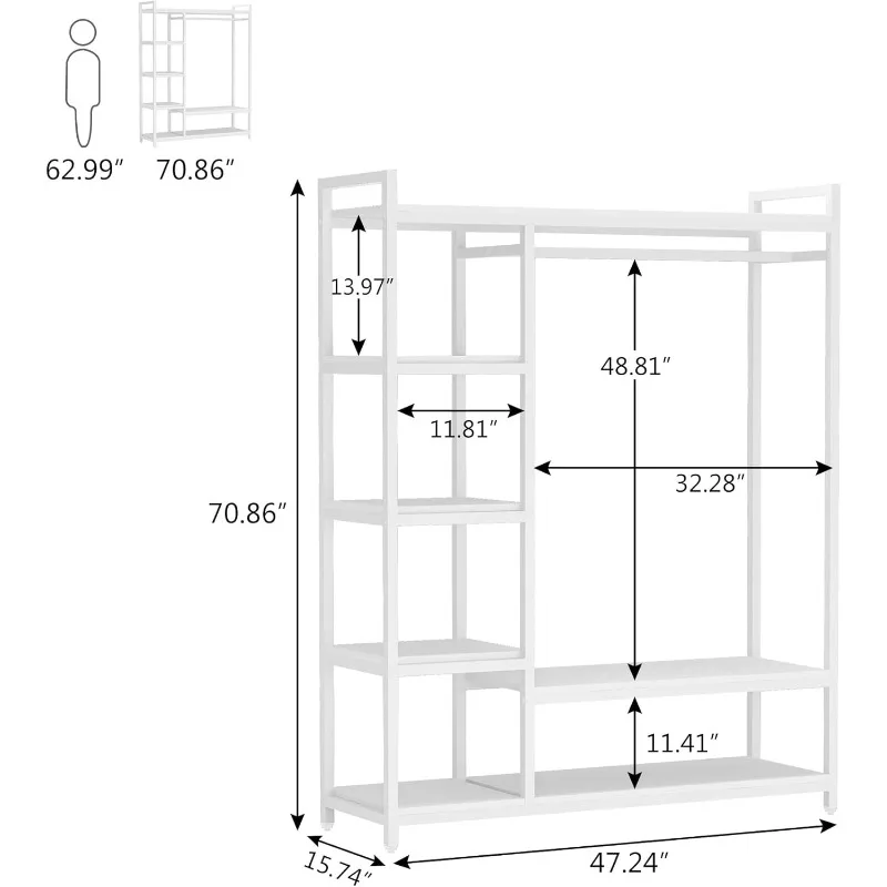 Free Standing Wood Closet Clothes Rack, Heavy Duty Grament Rack with Shelves, Hanging Racks for Clothes Clothing Rack