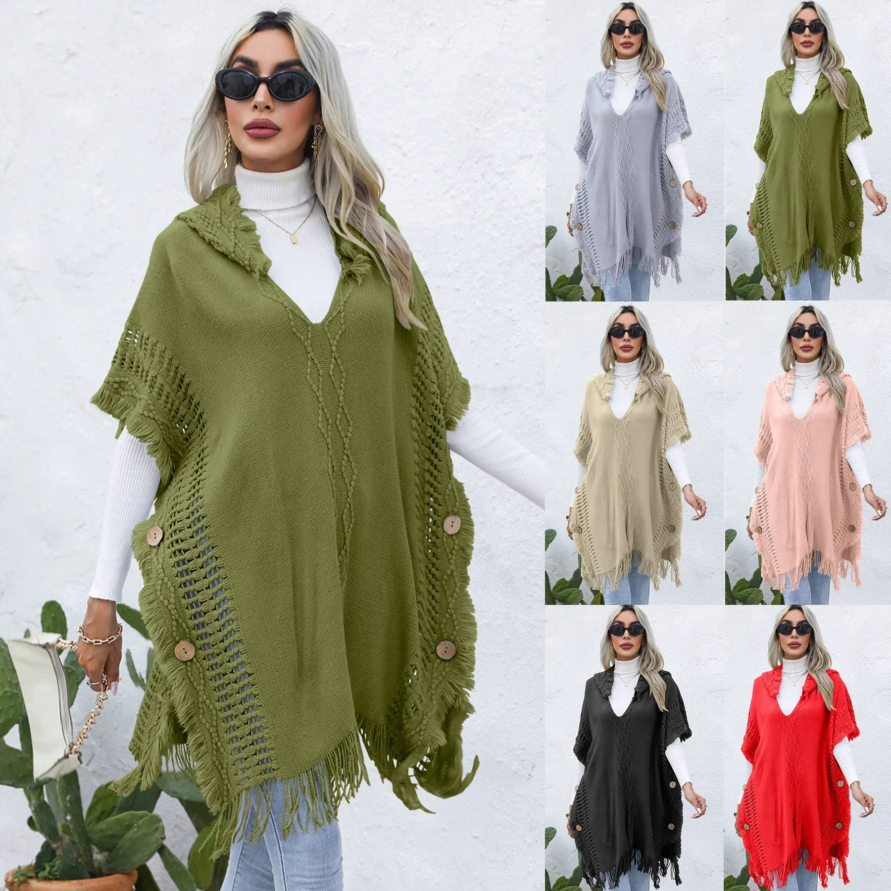 Vest Cloak Top Coat Women's Casual Loose Fitting V Tie Hat Pullover Medium Length Sweater Vest Cape Shawl with Tassel Decoration