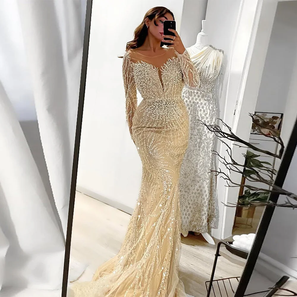 Sparkling Mermaid Evening Dress Customized V Neck Long Sleeves Beading Sweep Train  Pearls Robe De Soiree Prom Party Gown image 5