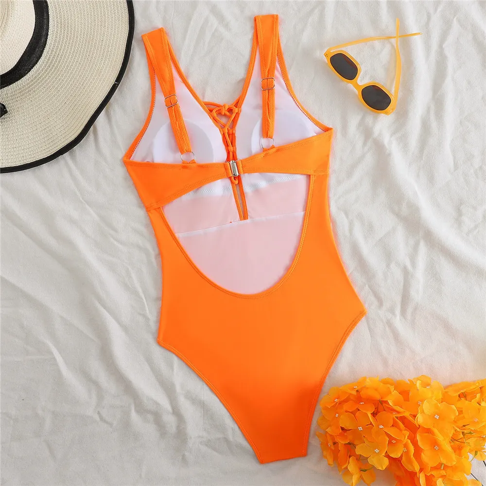 Orange Backless Swimwear Lace Edge String Lace-up Hollow Out Monokini Sexy One Piece Swimsuit Woman 2026 Bathing Swimming Suit