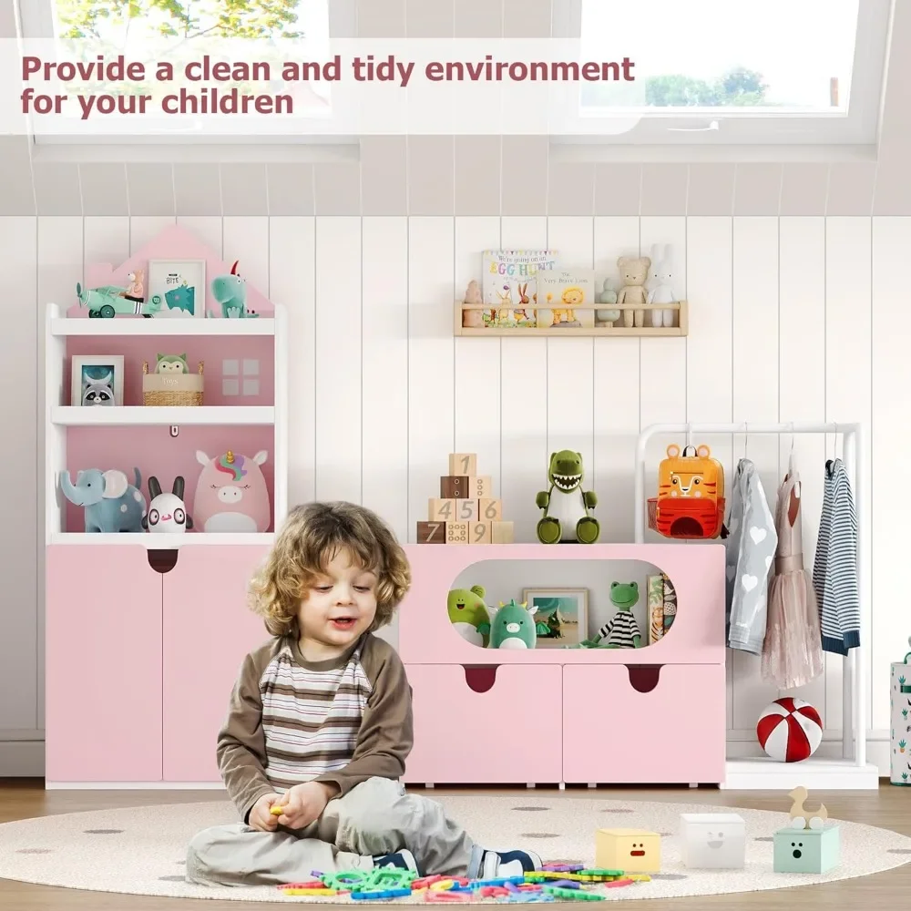 Modular Type Kids Bookshelf & Toy Storage with Two Movable Toy Box, 69" Large Toy Storage Organizer with Clothes Rack