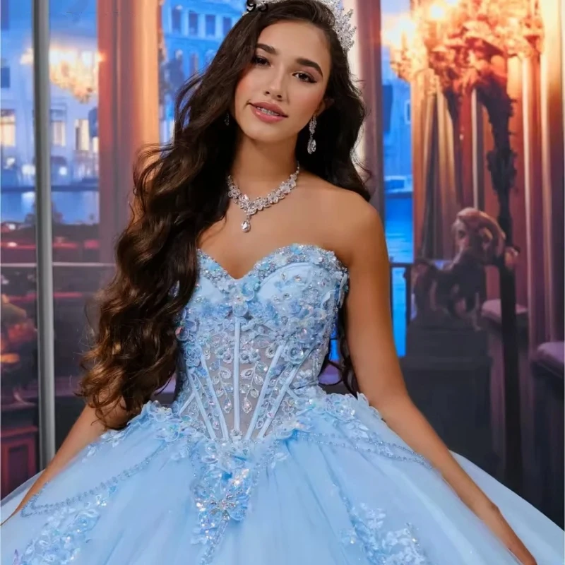 

Customized Light Blue Sky Blue Lace Appliqued Quinceanera Dress Ball Gown Floral Beaded Bow Sweet 16 Vestido De 15 Anos