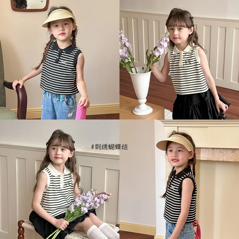 

2024 Summer Girls 2-10 Years Casual Stripe Sleeveless T-shirts Kids Vest