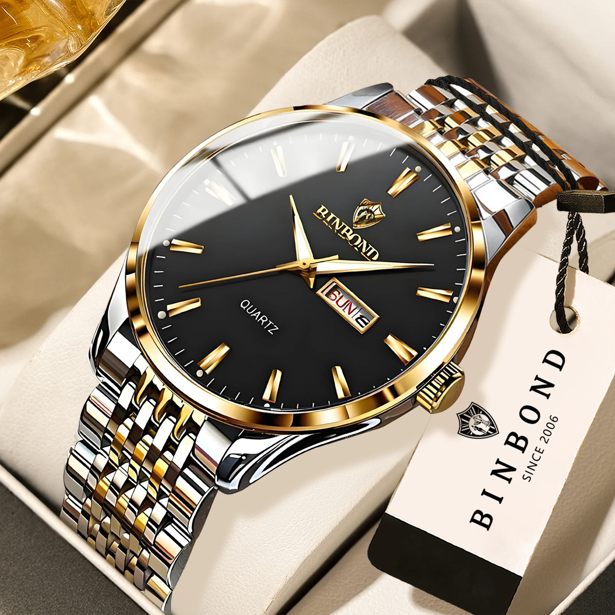 

BINBOND auto date week display precise quartz wristwatches for men luxury luminous waterproof men's watch casual durable reloj
