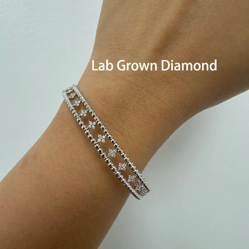 

0.68CTW Round Lab Grown Diamond Flower Cluster Beaded Flexible Bangle 14k Gold Bangle Beaded And Flower Loose Fit