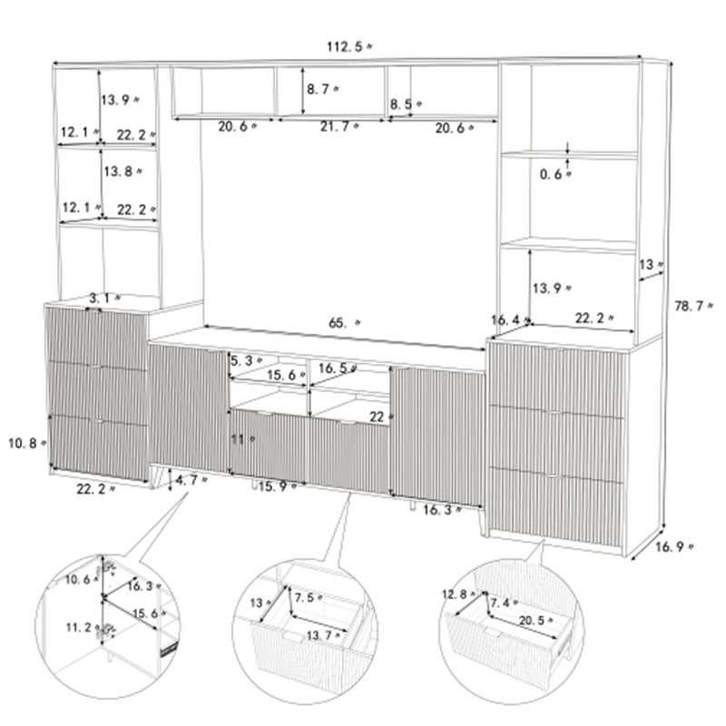 U-Can Unidad de pared para entretenimiento de 4 piezas con 13 estantes, 8 cajones y 2 gabinetes, soporte para TV multifuncional, gabinete de almacenamiento multimedia