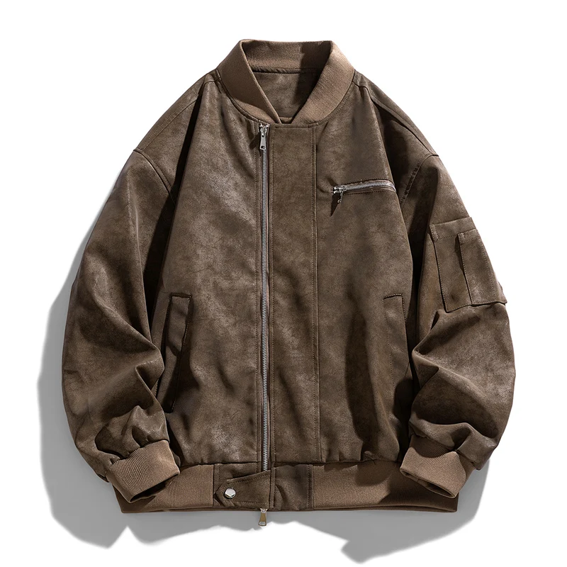 

New American Leather Motorcycle Cardigan Baseball Jacket Washed Leather Jacket Men's Spring Autumn Lapel Loose Flight Jacket