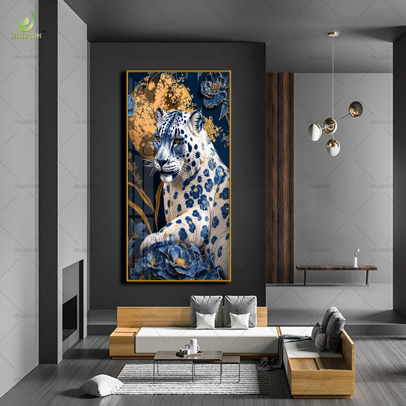 Exquisite Animal White Tiger Entrance Golden Frame Crystal Porcelain Mural Home Decoration LED Wall Art