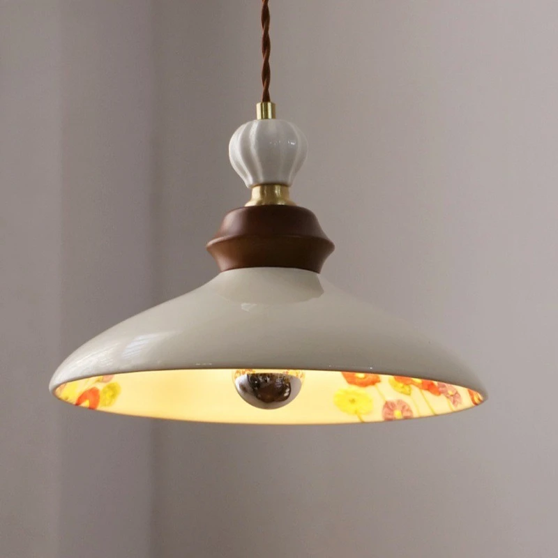 Hand-painted Floral Ceramic Pendent Lamp, Cream-style French Restaurant Entrance Bar Counter Hallway Lighting Fixture