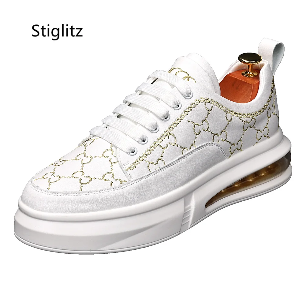 Embroidery White Sneakers Shoes for Men Lace Up Casual Sports Shoes Thick Sole Height Increasing Breathable Outdoor Hiking Shoe