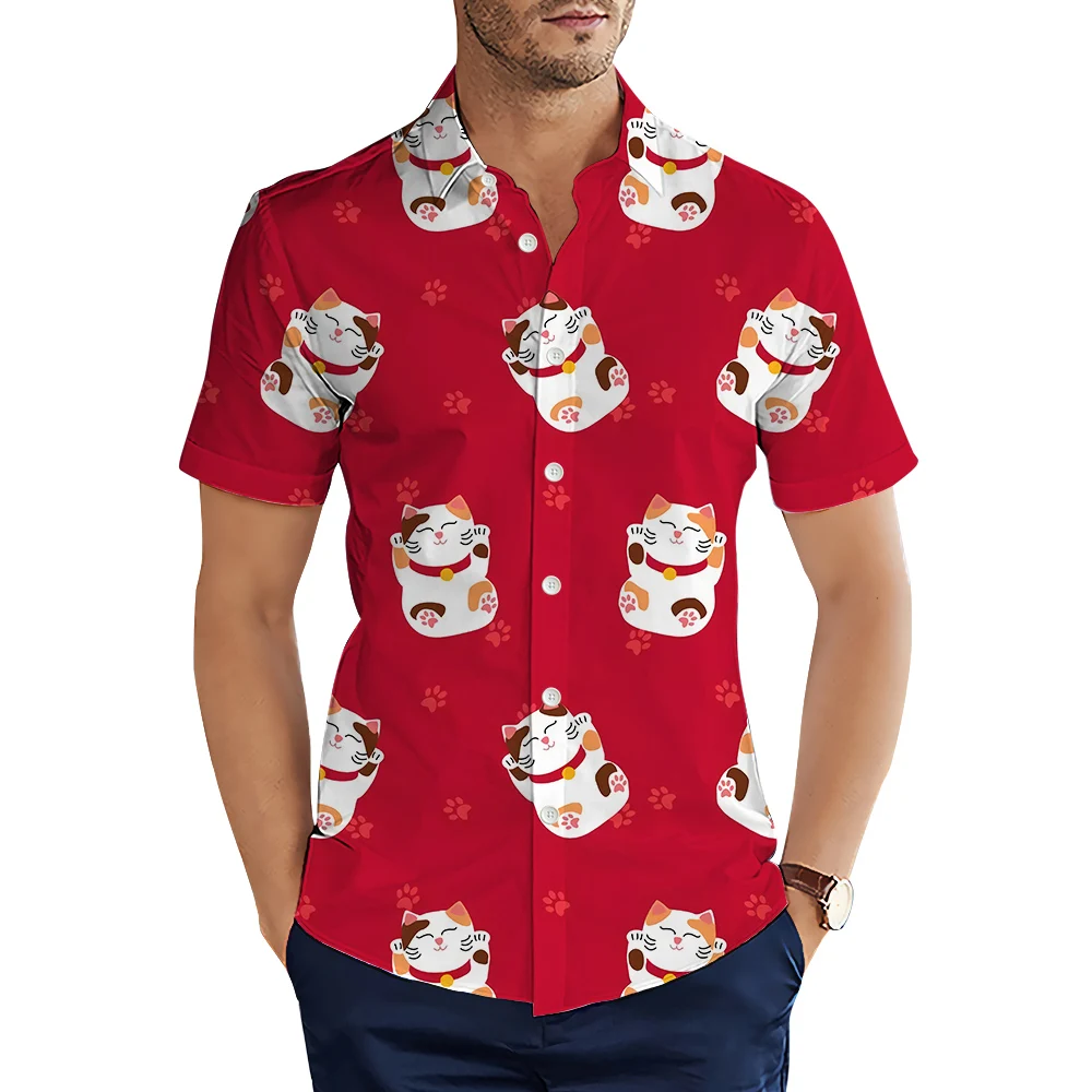 

HX Fashion Mens Shirts Cute Red Lucky Cats Paws 3D Printed Casual Shirts Short Sleeve Tops Man Clothing Camisas Dropshipping