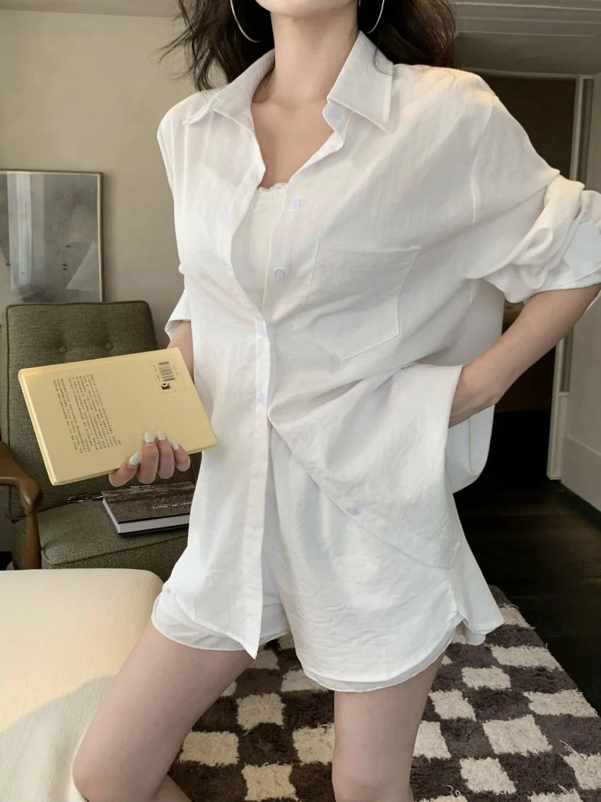 Alien Kitty Minimalist White Suits Chic Women Loose Full Sleeve Summer Shirts 2025 Sunscreen Office Lady Shorts Elegant Sets