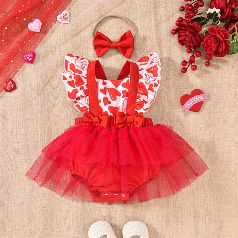 Tregren Newborn Baby Girl Valentine’s Day Outfits Ruffle Sleeveless Heart Print Romper Dress with Headband Set Spring Clothes