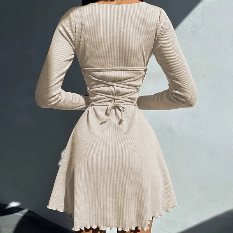 2025 New Women's O-neck Solid Long Sleeve Mini Dresses Tie up Sexy Short Dress Hip Wrap Slim Casual Shirt Fashion Y2k Clothes