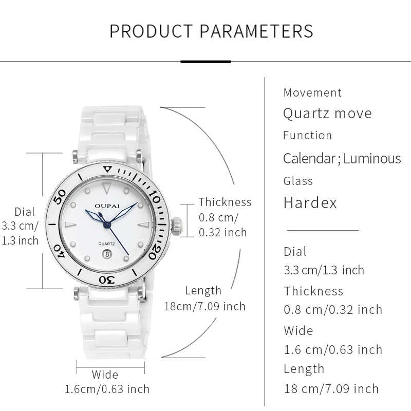 OUPAI White Ceramic Women's Watch Round Dial Luminous Small and Exquisite Waterproof Calendar Fashion and Casual