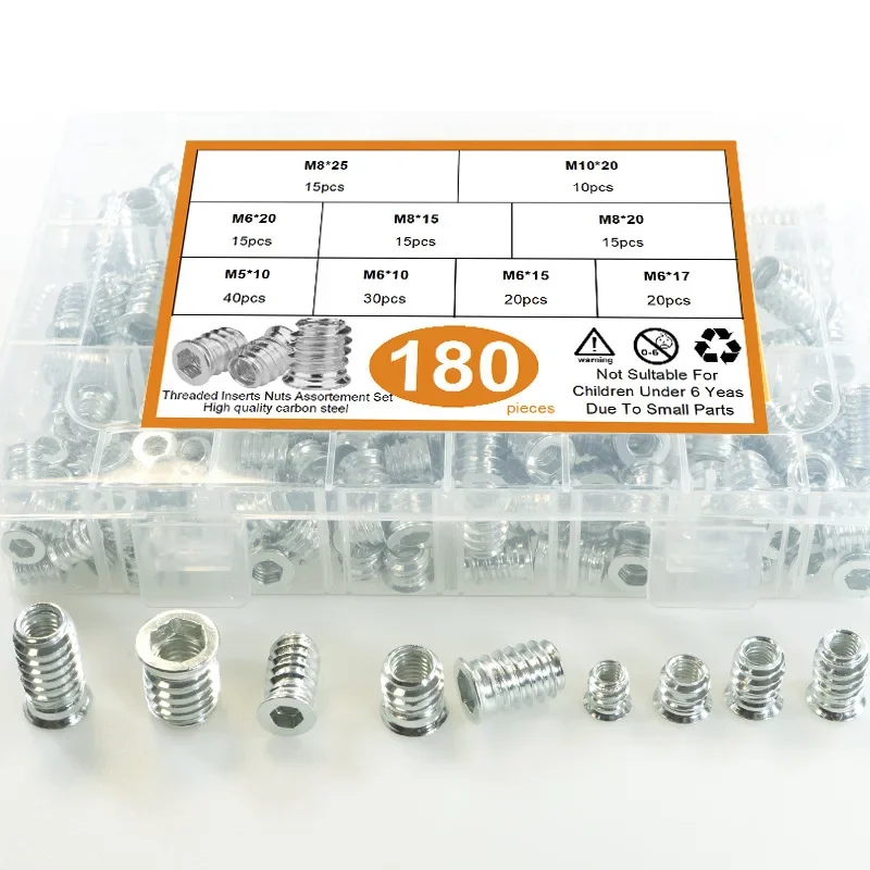 180pcs M5 M6 M8 M10 Zinc Plated Carbon steel Thread For Wood Insert Nut Flanged Hex Drive Head Furniture Countersunk Nuts