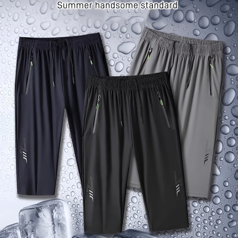 

Мужские свободные шорты из ледяного шелка, летние мужские тонкие быстросохнущие укороченные шорты с кондиционером на молнии из ледяного шелка, спортивные эластичные повседневные шорты