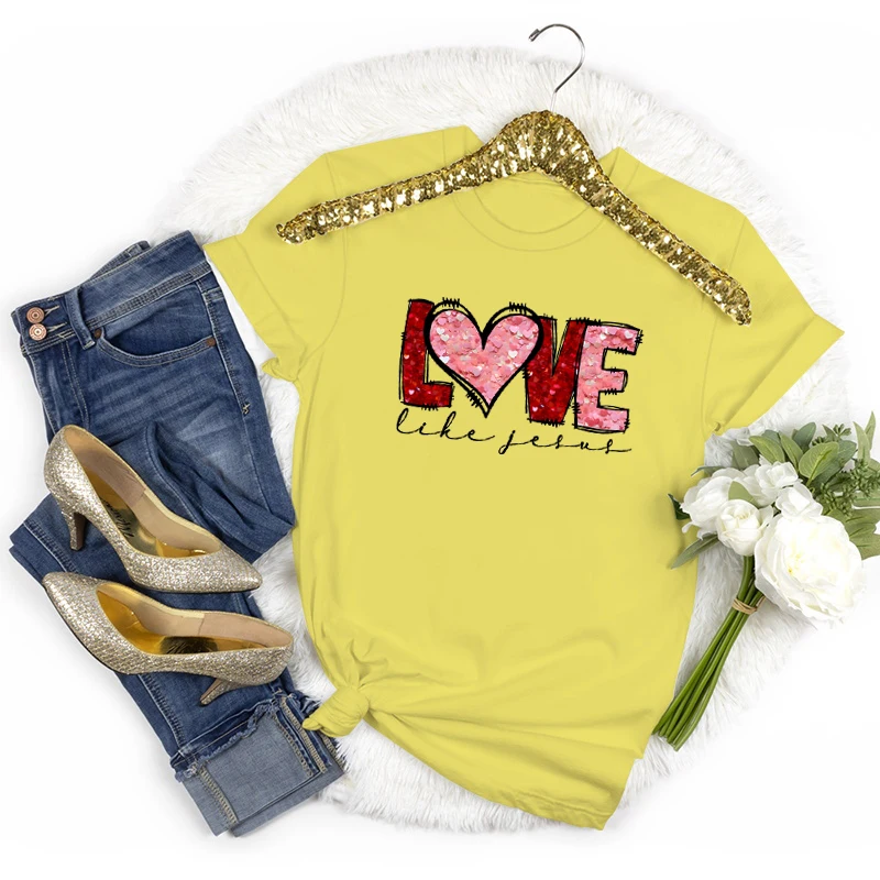 Koszulki z nadrukiem: Kochaj jak Jezus, Walentynki, Klasyczne koszulki, Prezent dla Chrześcijanki, Koszulka z krótkim rękawem, Damska koszulka na Walentynki, Codzienne topy