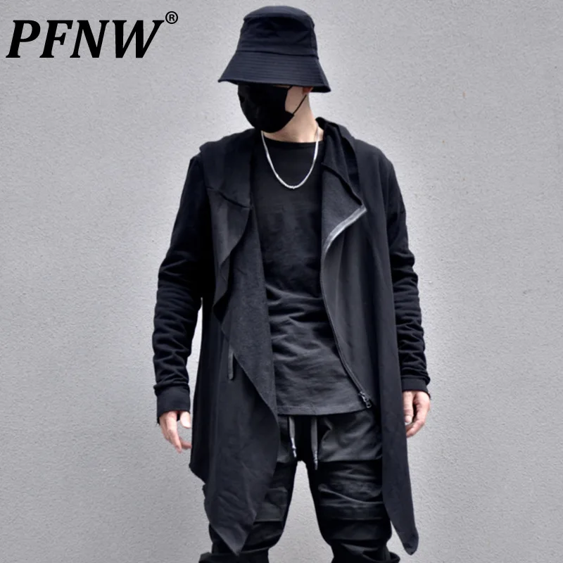 

PFNW Dark Style Men's Hoodies Asymmetrical Hem Zippers Hooded Pullover Male Sweatshirts Solid Color Autumn Menwear 2024 12C682