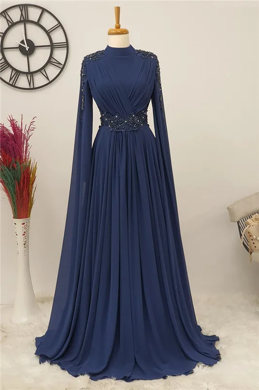 Long Chiffon Appliques Evening Dress with Cape High Neck Dubai Arabic Long Sleeves Formal Prom Party Gowns Beaded Robe