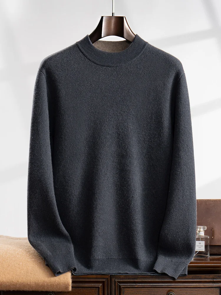 High Quality Men 100% Cashmere Sweater Autumn Winter Mock Neck Long Sleeve Pullover Smart Casual Thick Warm Cashmere Knitwear