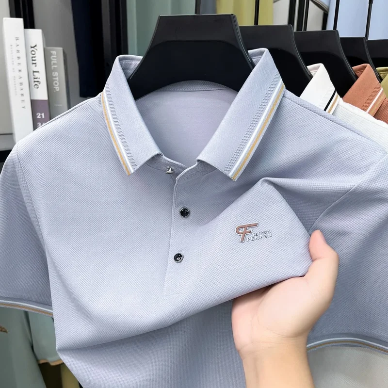 2026 Summer Urban Elegant Men's T-shirt Comfort Contrast Neckline Soft Business Non‑Iron Dress Office T Shirt for Man
