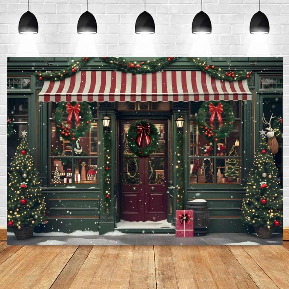Santa Claus' Toy Store Photography Backdrop Retro Christmas Decoration Christmas Tree Wreath Gift Kids Family Party Background