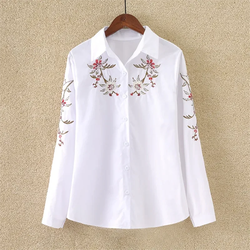 New Cotton Blouses For Women Embroidered Shir Women\'s Shirts Long sleeved Bottom Tops Basic Cardigan Blouse White Female Shirt