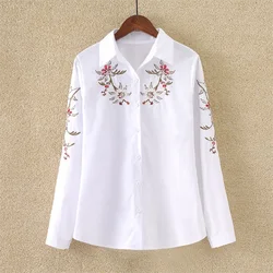 New Cotton Blouses For Women Embroidered Shir Women's Shirts Long sleeved Bottom Tops Basic Cardigan Blouse White Female Shirt