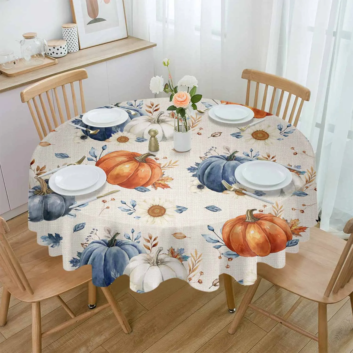 Thanksgiving Autumn Leaf Sunflowers Waterproof Tablecloth Tea Table Decoration Round Table Cover For Kitchen Wedding Home