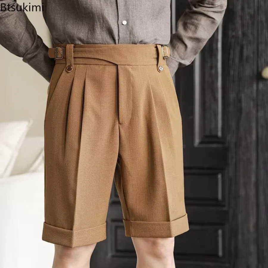 

New Men's Fashion High Waist Belt-up Suit Shorts Spring Summer Casual Solid Color Pleated Shorts for Men Vintage Straight Shorts