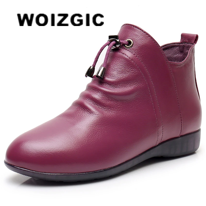 WOIZGIC Women Female Mother Ankle Genuine Leather Boots Shoes Plush Fur Warm Autumn Pointed Toe Plus Size 42 43