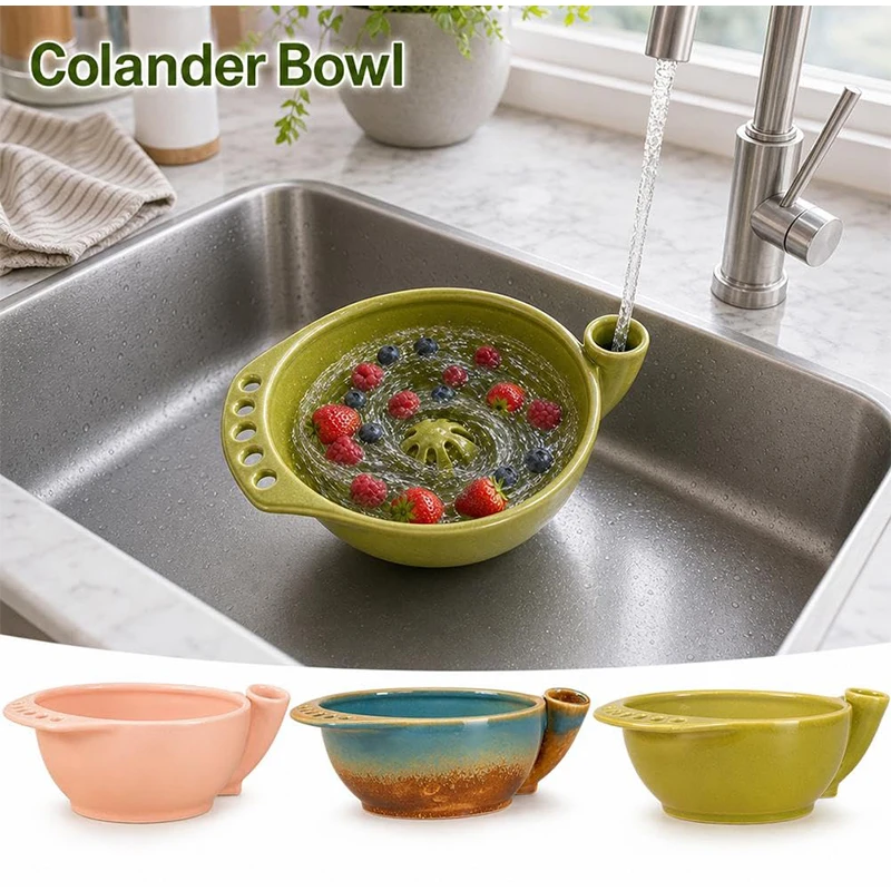 Self Spinning Berry Washing Bowl With Drain Hole Ceramic Vortex Colander Bowl Gentle Swirl Rinsing Fruit Washer With Strainer