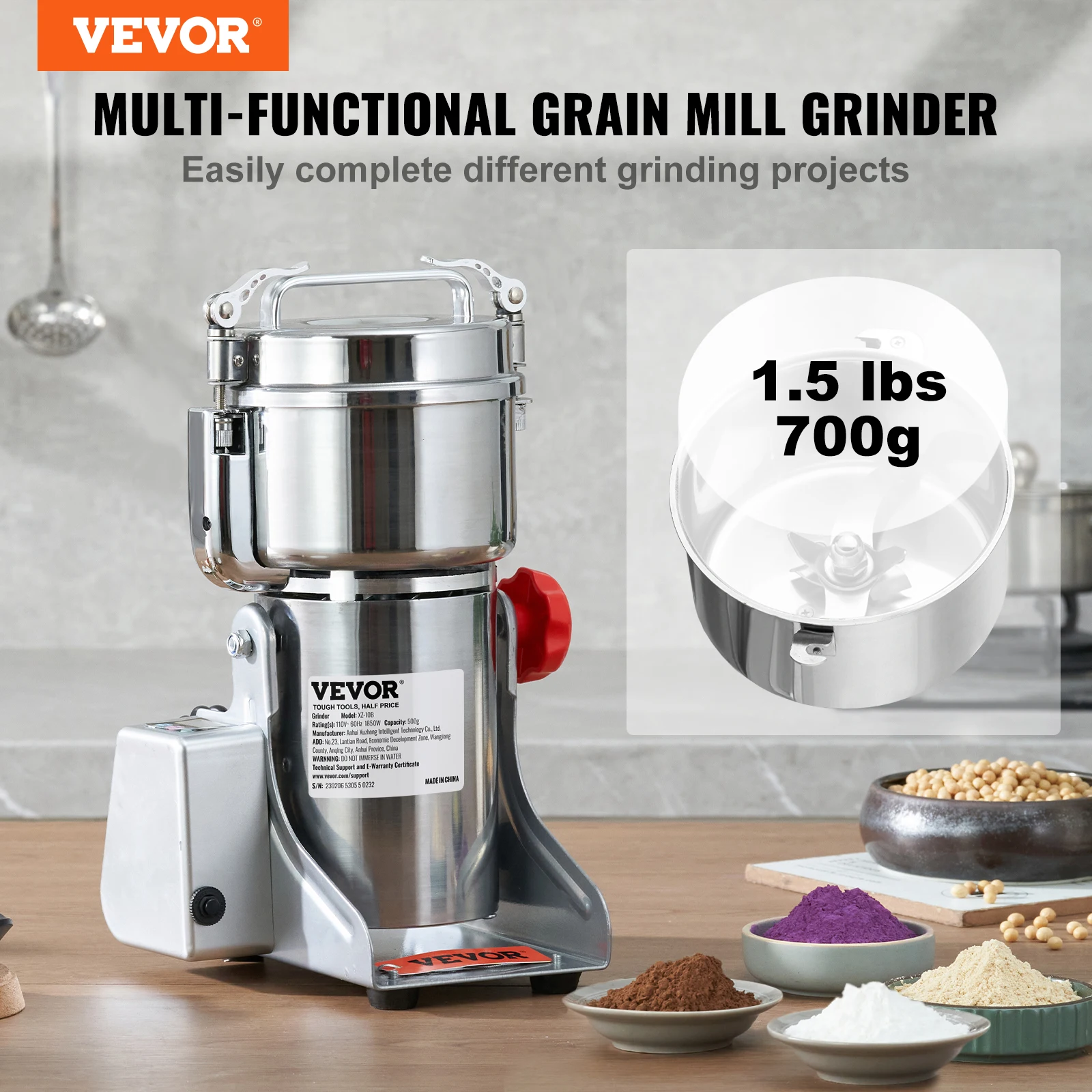 VEVOR Electric Grain Mill Grinder Stainless Steel Pulverizer Powder Machine for Dry Herbs Grains Spices Cereals Coffee Corn