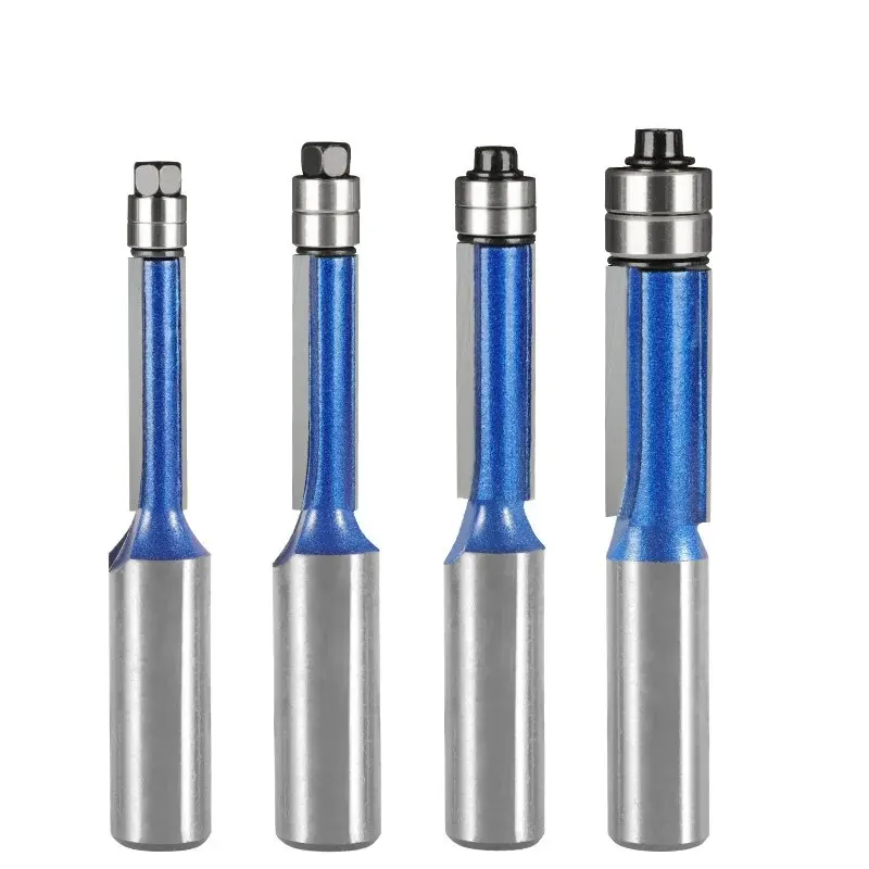 4pcs,1/2 Inch Shank Double Bearing Flush Trim Router Bit - Silver Blue Woodworking Milling Cutter, Electric Wood Milling Tools