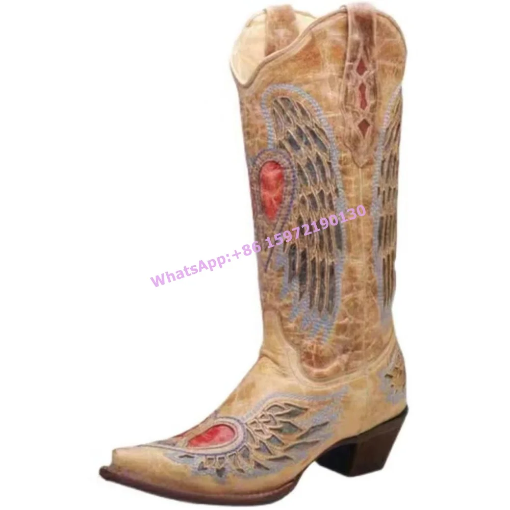 Heart Retro Embroidery Boots Pointy Toe Chunky Heels Slip On Cowgirls All Match Boots Mixed Color Hotties Street Style Shoes