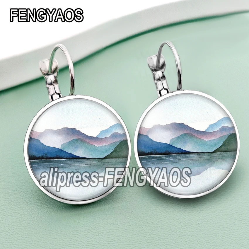 Mountain and River Stud Earring for Women Fashion Natural Scenery Glass Cabochon Hook Earrings