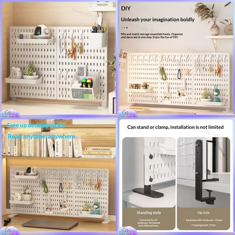 Vertical Desk Organizer Panel with Clamp Fixation No Drilling Office Divider Storage Accessory Black and White 60x42cm