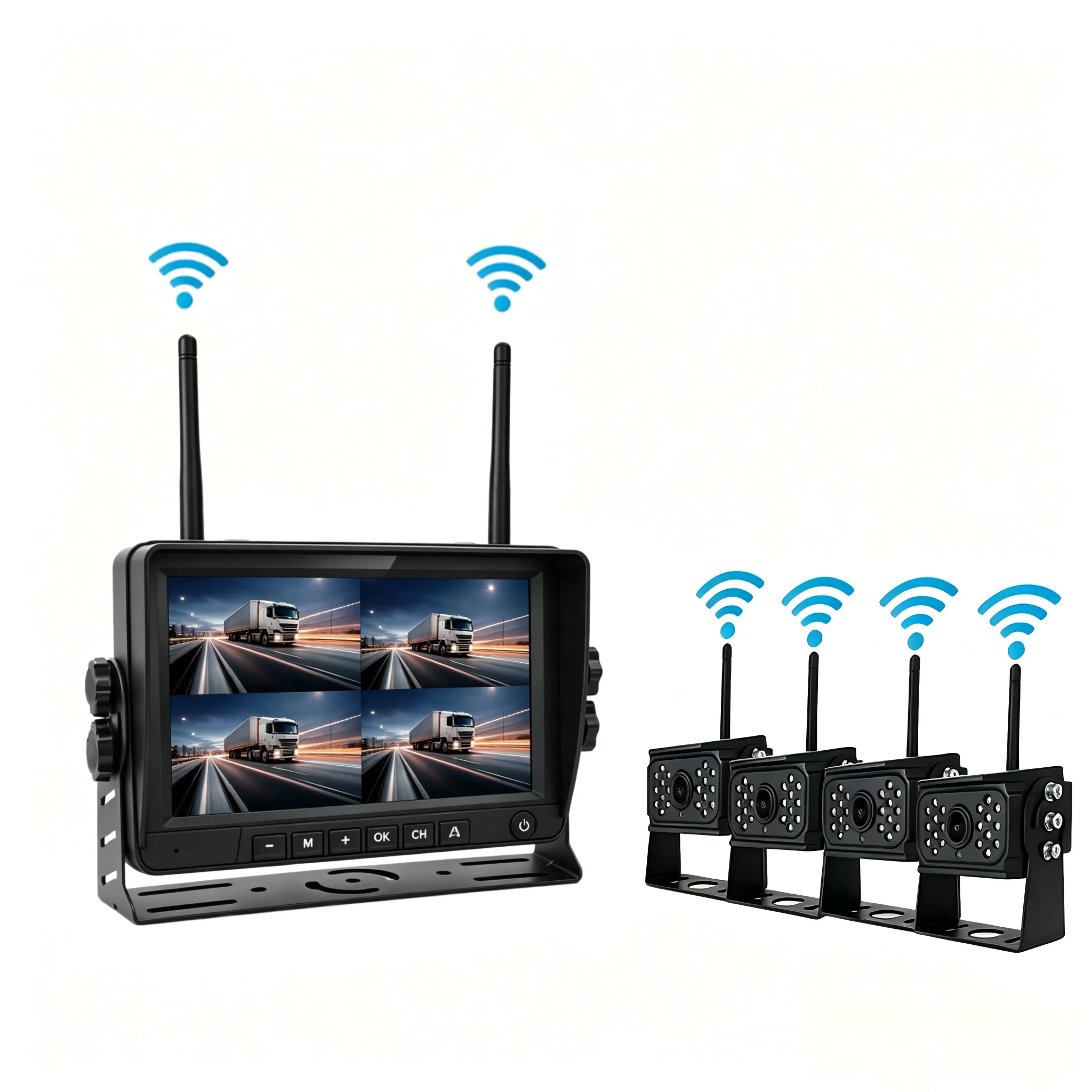 10.1'' BSD Truck DVR Digital Wireless Split-Screen Rear View Monitor 1080P 450cd/m AHD IP69K Waterproof Camera 24V Night