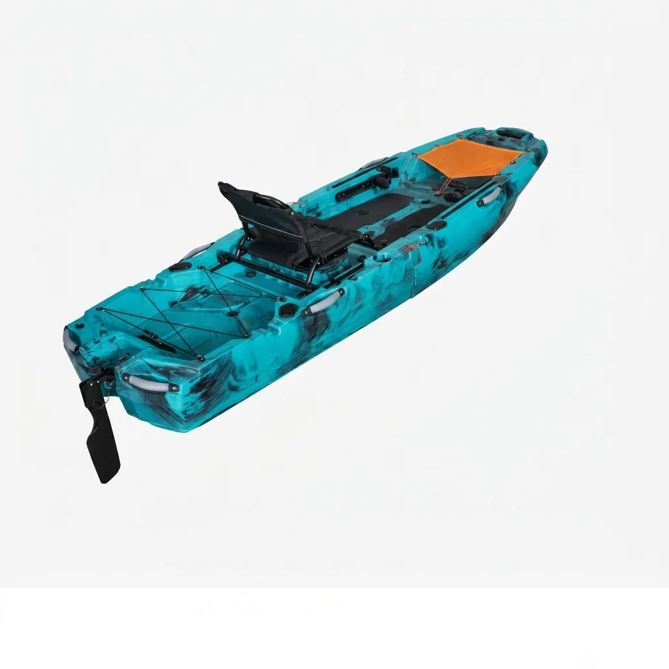 Sectional Fishing Kayak, Turquoise Marbled Interlocking Hull, Portable Modular Design, with Fin Drive, for Lake River Angling