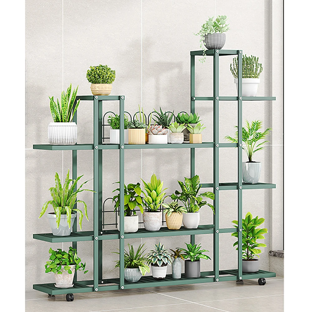 Plant Stand Indoor Outdoor, Flower Display Stand, Wrought Iron Corner Multiple Planter Rack Organizer With Wheels