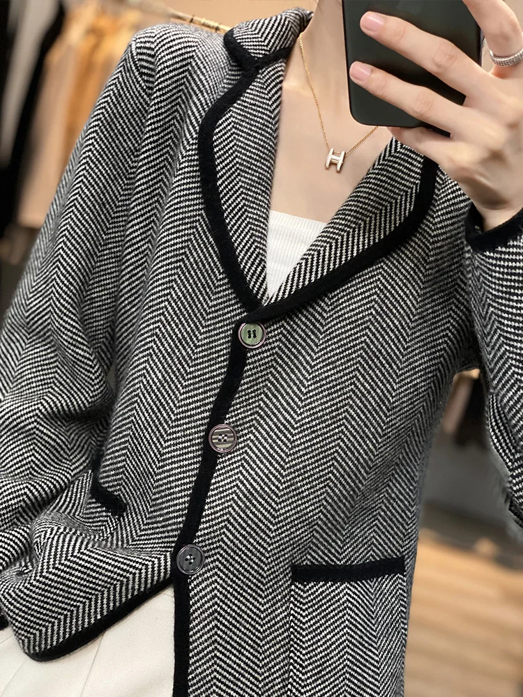 Autumn Winter Women Pure Cashmere Wool Suit Coat Sweater Casual Knitted Tailored Collar Cardigan Thickening Outwear Soft Jacket