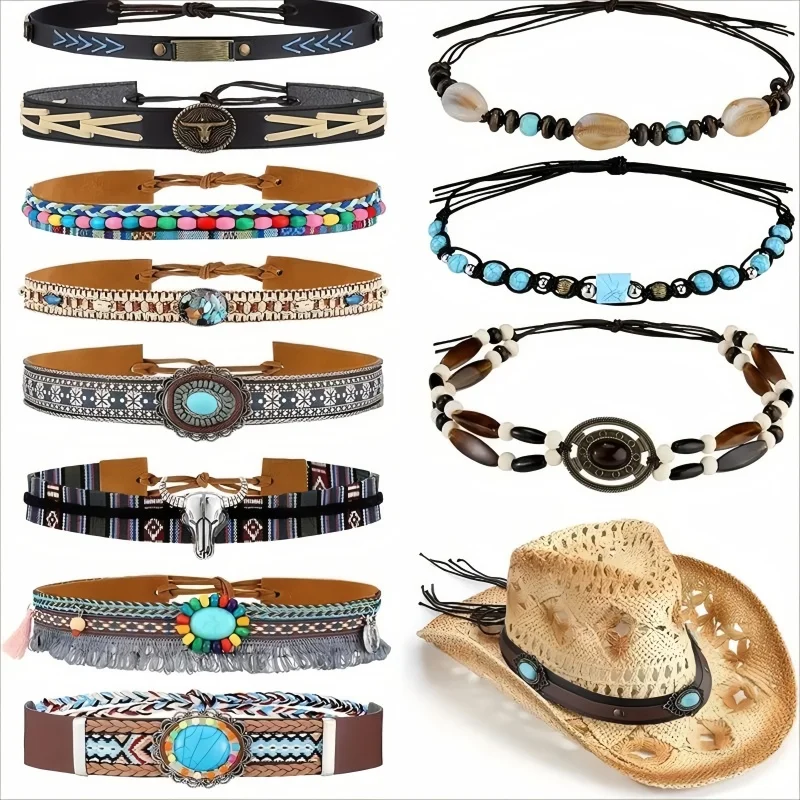 Retro Ethnic Style Belt, Headband, Hat Band, DIY Decorative Straw Hat, Top Hat, Cowboy Hat, Leather Woven Embroidered Hat Accessories view 6