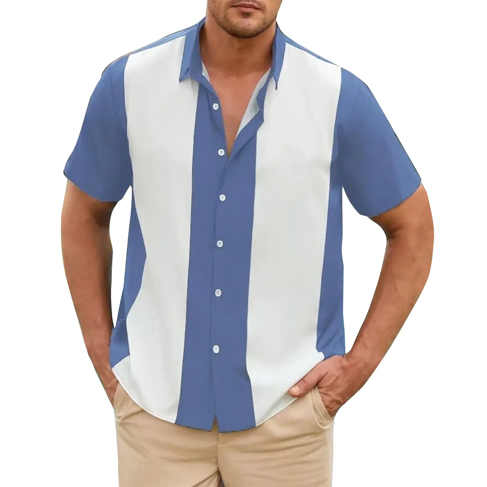 

Fashion Business Stripped Splicing Shirt For Men Vintage Casual And Versatile Button Down Bowling Short Sleeve Summer T-Shirt